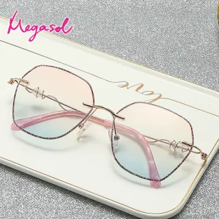【MEGASOL】UV400抗UV濾藍光眼鏡時尚女仕大框手機眼鏡(水晶亮片多邊形矩方框GD-1507-多色選)