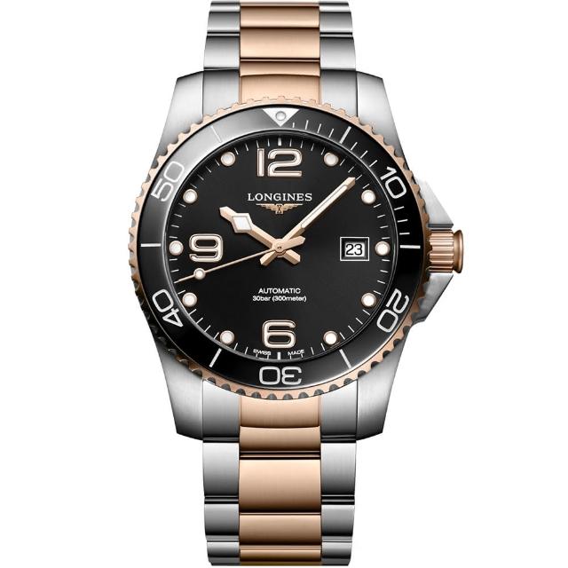 【LONGINES 浪琴】深海征服者浪鬼陶瓷潛水機械錶-黑x玫瑰金/41mm(L37813587)