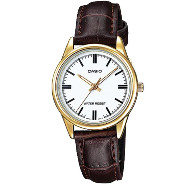 【CASIO 卡西歐】經典時尚金框皮革腕錶-羅馬白面(LTP-V005GL-7A)