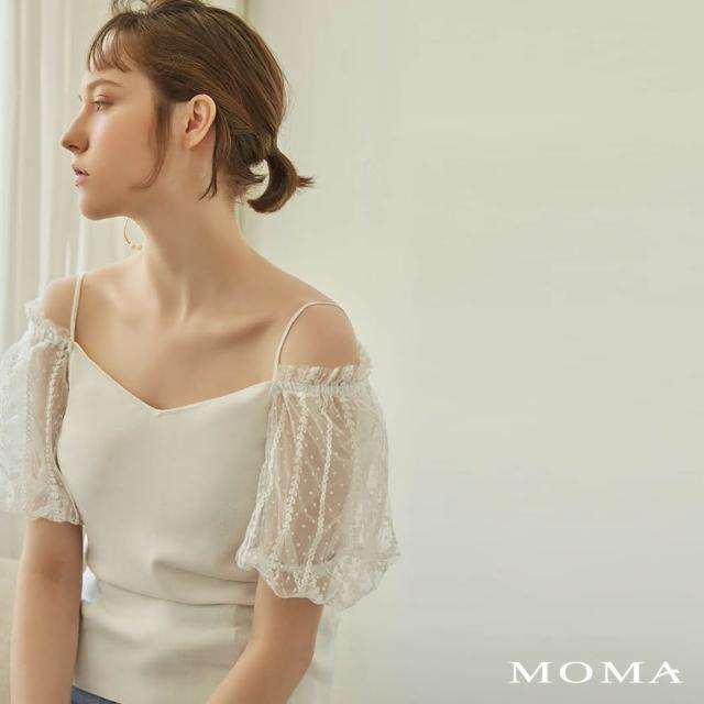 MOMA【MOMA】V領拚接蕾絲袖上衣(白色)