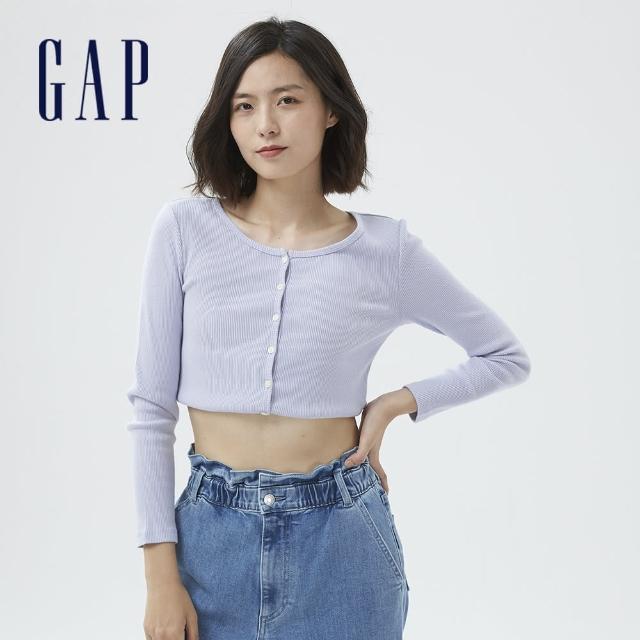 【GAP】女裝 純棉羅紋短款長袖T恤(757111-淺藍色)