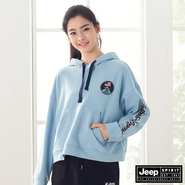 【JEEP】女裝 素面短版寬鬆長袖連帽T恤(淺藍)