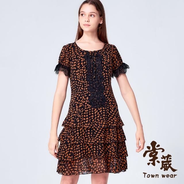 TOWN’WEAR 棠葳【TOWN’WEAR 棠葳】滿版印花蕾絲袖雪紡洋裝(蛋糕裙/蕾絲花邊/蝴蝶結)