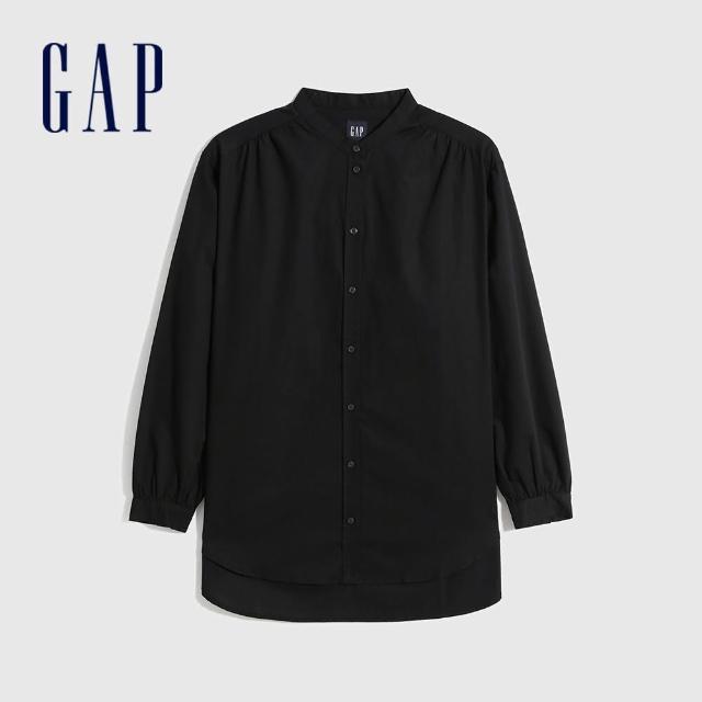 GAP【GAP】女裝 純棉寬鬆圓領長袖襯衫(704254-黑色)