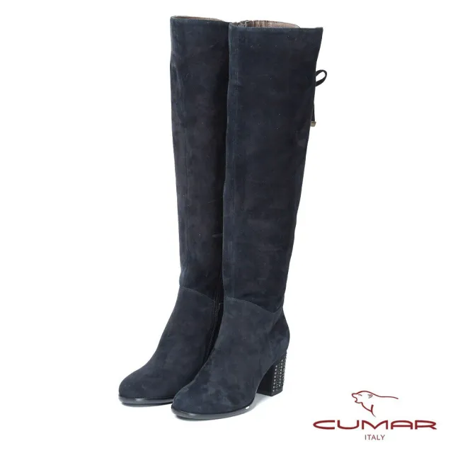 【CUMAR】率性柔美-簡約美型小鉚釘裝飾粗高跟長靴(深藍)