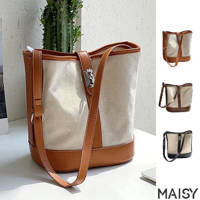 MAISY【MAISY】簡單時尚拼接撞色帆布水桶包(現+預 黑色 / 棕色 / 咖啡色)