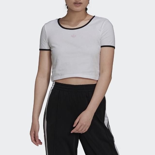 【adidas 愛迪達】上衣 女款 運動 短袖上衣 三葉草 CROPPED TEE 白 H15796