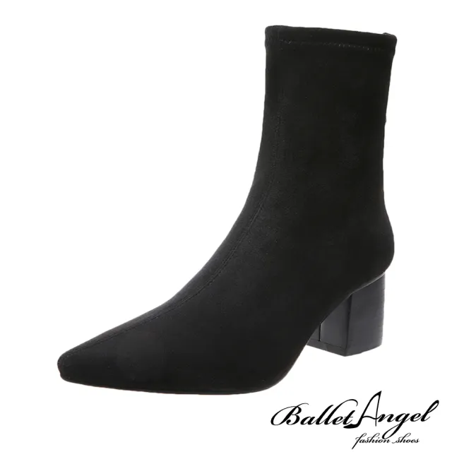 【BalletAngel】極簡俐落合腿尖頭粗跟襪靴(絨布黑)
