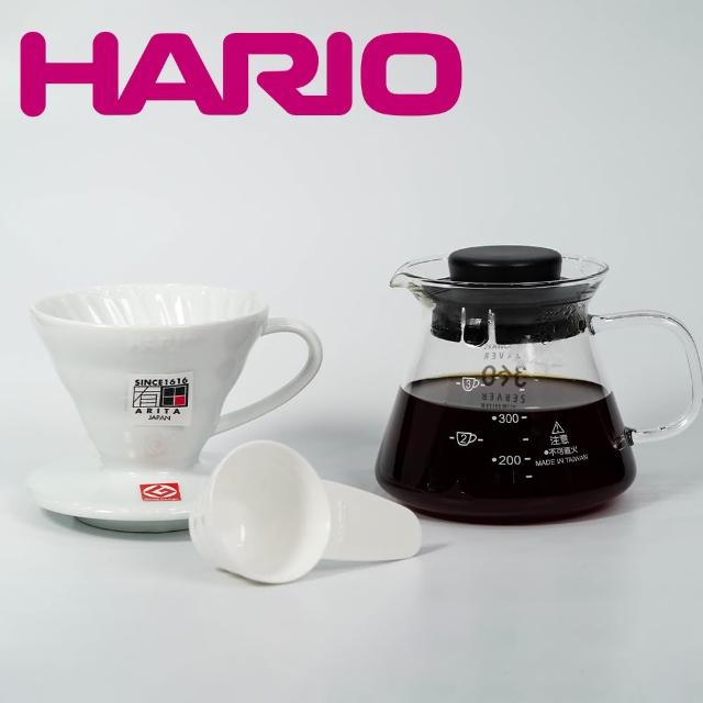 【HARIO】V60 有田燒陶瓷濾杯 白色 VDC-01W + SYG台玻耐熱玻璃咖啡壺360cc(日本製 V60 1-2人份)