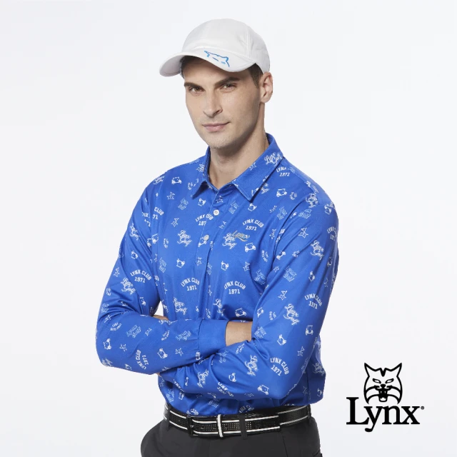 Lynx Golf【Lynx Golf】男款吸濕排汗滿版果嶺球車俏皮印花長袖POLO衫(藍色)