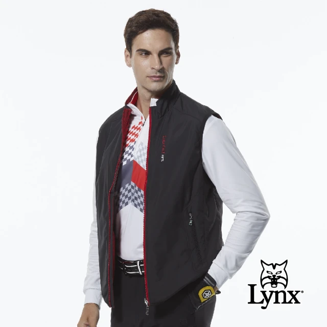 【Lynx Golf】男款薄鋪棉防風保暖Lynx繡花雙面穿千鳥花紋無袖背心(黑/紅色)
