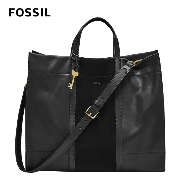 【FOSSIL】Carmen 真皮x麂皮大容量兩用手提包-黑色 ZB1447001