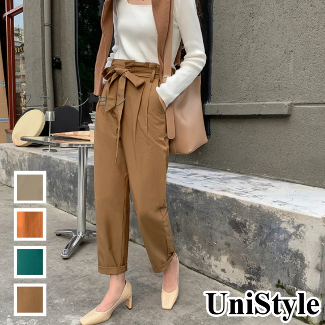 UniStyle【UniStyle】日本熱銷 高腰寬鬆顯瘦綁帶休閒闊腿長褲 女 VUZ5071(綠/杏/橘/卡其色)