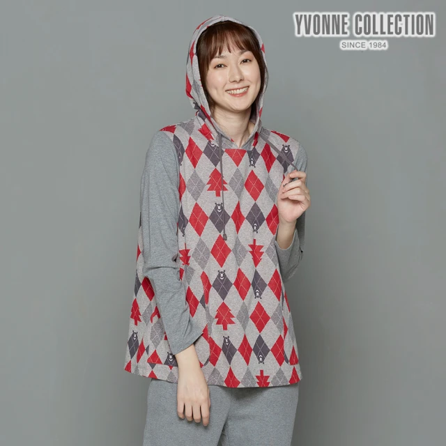 【Yvonne Collection】菱格熊緹花連帽長袖上衣(紅)