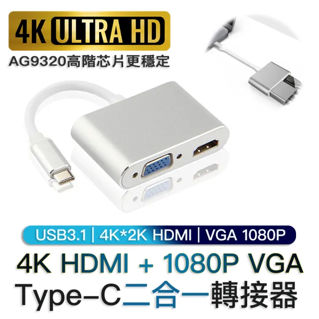 Type-C轉VGA+HDMI4K高畫質影音轉接器(#typechub