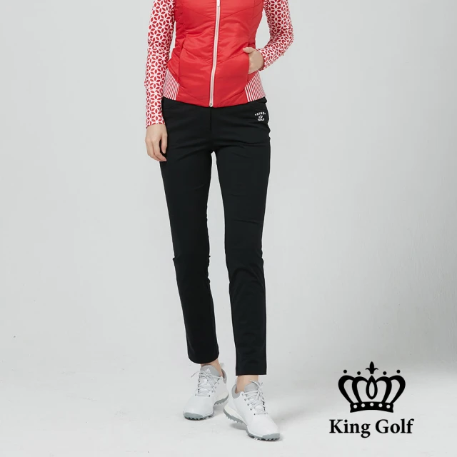 【KING GOLF】女款LOGO皇冠刺繡腰頭撞色彈性舒適修身素面休閒長褲(丈青)