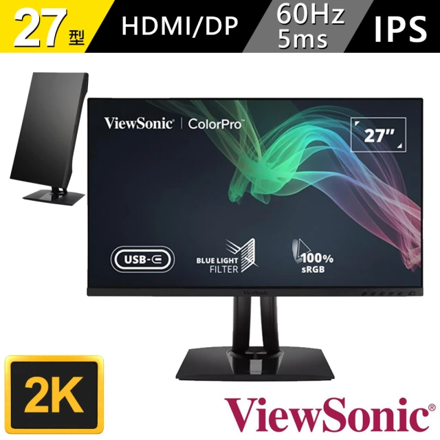 【ViewSonic 優派】VP2756-2K 27型2KWQHD IPS電腦螢幕(16:9/IPS/60Hz/HDMI/DisplayPort/USB-C)