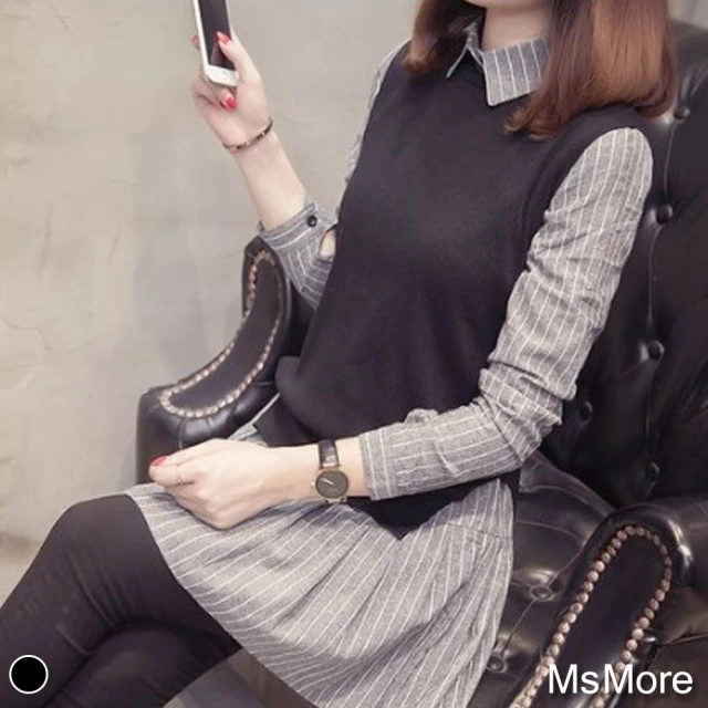 MsMore【MsMore】大碼襯衫針織兩件式上衣套裝#110958現貨+預購(黑色)