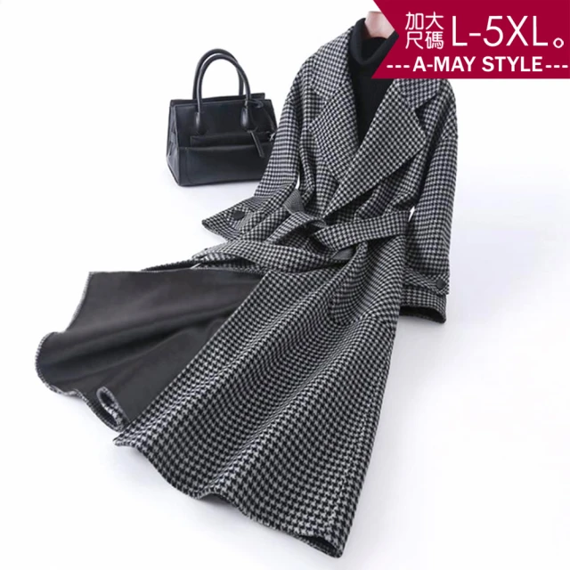 【Amay Style 艾美時尚】女裝 外套 毛呢千鳥格紋顯瘦長版大衣。加大碼L-5XL(千鳥格.預購)