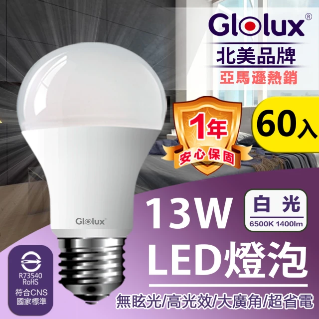 Glolux【Glolux】北美品牌 60入組 LED 13W 高亮度 6500K E27等同26W螺旋燈泡 白光(全電壓/通過BSMI認證)