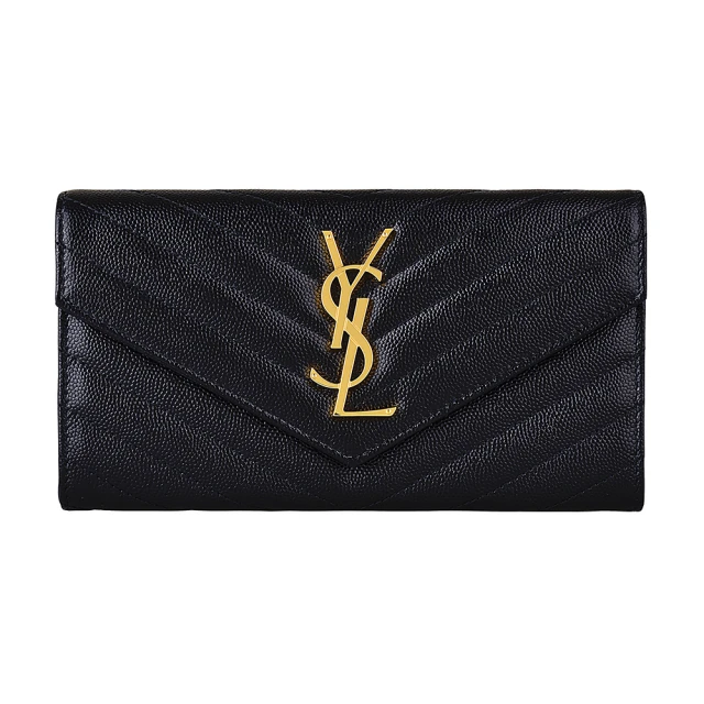 YSL【YSL】YSL SAINT LAURENT MONOGRAM 金字LOGO V字縫線設計牛皮12卡扣式長夾(黑)