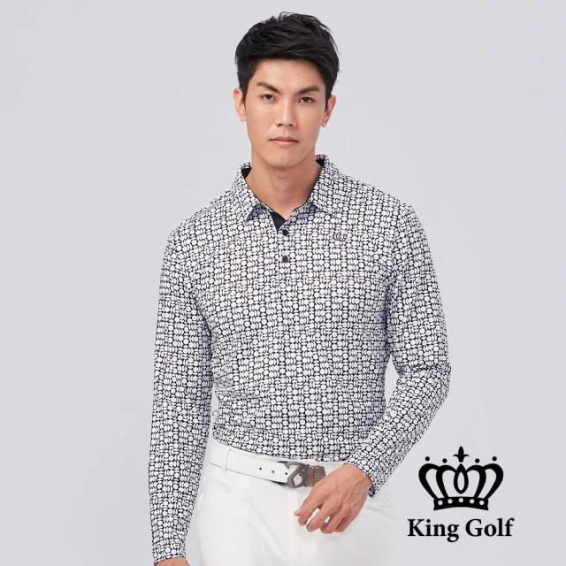 【KING GOLF】速達-六角排列印圖薄款長袖POLO衫(藍色)