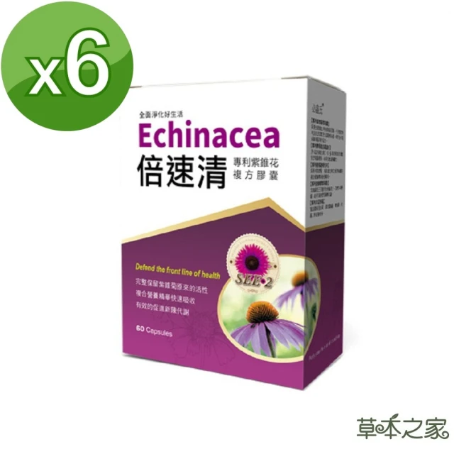 【草本之家】倍速清專利紫錐花膠囊60粒X6盒(專利酵母.綠蜂膠.柑橘.魚腥草.啤酒酵母.紫錐菊)