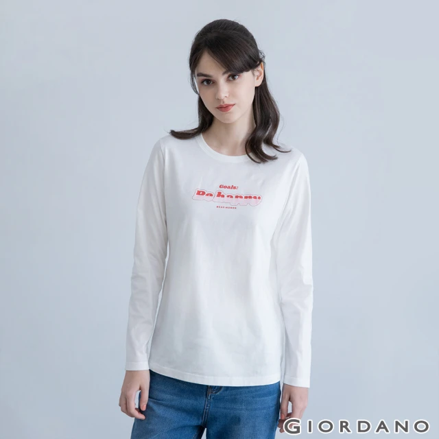 GIORDANO 佐丹奴【GIORDANO 佐丹奴】女裝簡約標語印花長袖T恤(03 皎白)