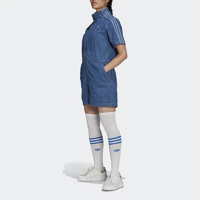 【adidas 愛迪達】短褲 女 連身短褲 運動 丹寧 三葉草 國際尺寸 JUMPSUIT 藍 H11514