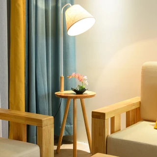 【Ogula 小倉】原木色邊桌茶幾落地立燈-床頭燈(附遙控 無極調節亮度和色溫)