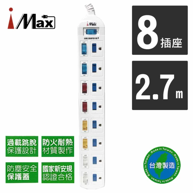 【iMAX】CH-918 9開8插 2.7M 3P 電源電腦延長線(台灣製造/過載保護)