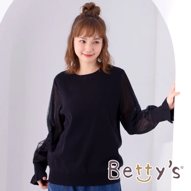 betty’s 貝蒂思【betty’s 貝蒂思】圓點蕾絲荷葉袖針織線衫(黑色)