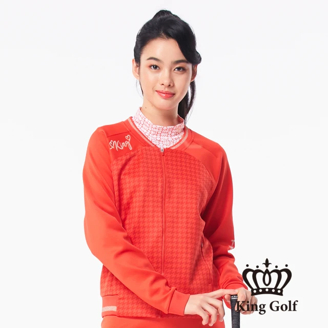 【KING GOLF】千鳥格壓拼接螺紋中厚款棒球外套(紅色)