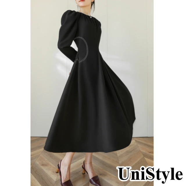 【UniStyle】雙11設計款 復古圓領收腰顯瘦泡泡長袖A字中長款洋裝 女 MD1575(黑)