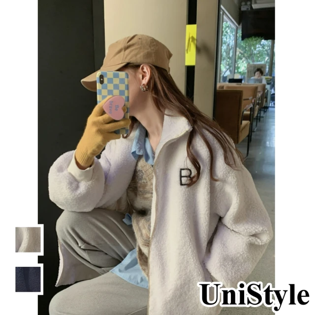 UniStyle【UniStyle】雙11韓系寬鬆加厚減齡學院風羊粒絨長袖保暖外套 女 CYWT75429(藏青/奶白)