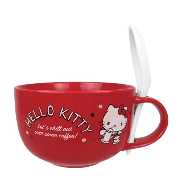 【小禮堂】Hello Kitty 新骨瓷湯杯 附匙 《紅咖啡款》(平輸品)