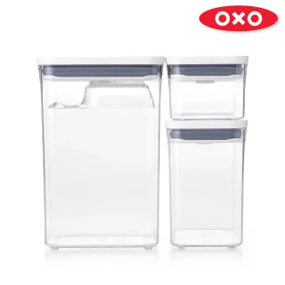 【美國OXO】POP按壓保鮮盒雙禮盒組（限量福利品）(長方2.6L+1.6L+0.6L+POP匙+小正方0.2Lx2+細長方0.4L)