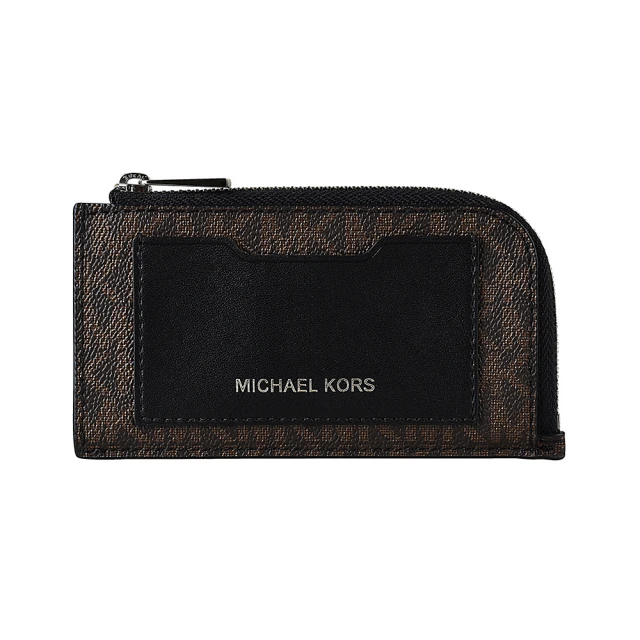 【Michael Kors】MK MICHAEL KORS 銀字LOGO PVC拼接牛皮卡夾零錢包(深褐x黑)