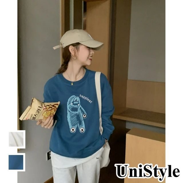 【UniStyle】雙11韓系童趣刺繡休閒減齡加絨圓領長袖大學T上衣 女 CYW86380(藍/杏)