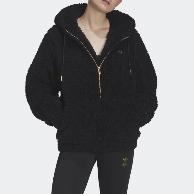 【adidas 愛迪達】外套 女 絨毛外套 運動 寬鬆 保暖 三葉草 國際尺寸 SHERPA JACKET 黑 HG6676