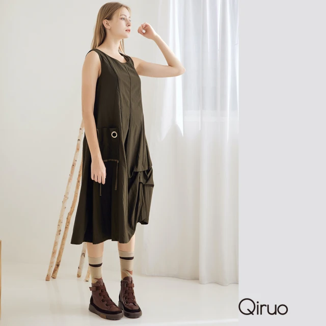 Qiruo 奇若名品【Qiruo 奇若名品】橄欖綠背心式洋裝8760F(下擺多種層次設計蛋糕裙)