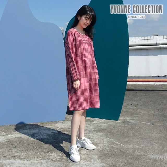 【Yvonne Collection】網路限定｜雙層斜紋格長袖洋裝(紅)