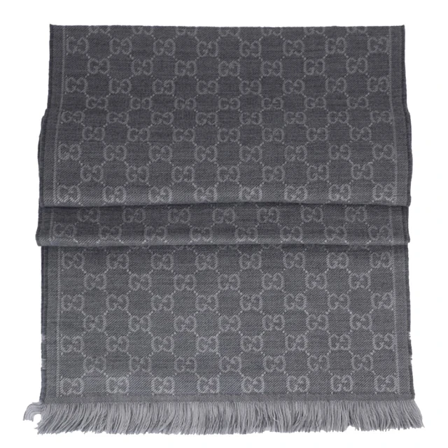 【GUCCI 古馳】100%羊毛品牌標誌圍巾(灰色)