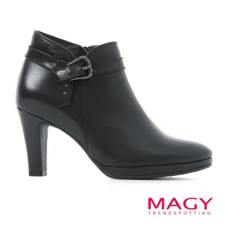 【MAGY】造型真皮釦帶金屬高跟 女 短靴短靴(黑色)