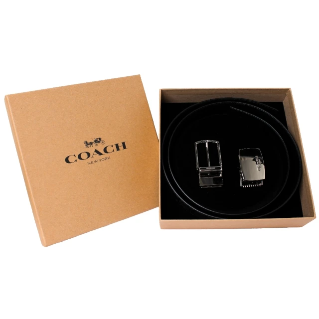 【COACH】雙扣環雙面兩色皮帶禮盒組(灰X黑)