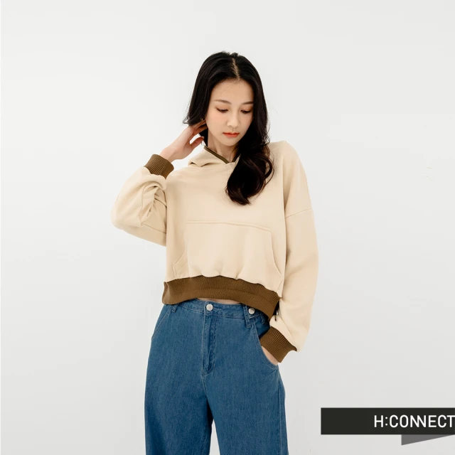 H:CONNECT【H:CONNECT】韓國品牌 女裝 -短版撞色連帽上衣(卡其色)