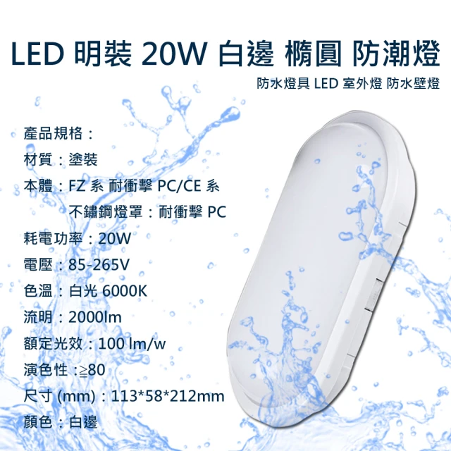 LED 明裝 20W 白邊 橢圓 防潮燈 白光(防水燈具 室外燈 防水壁燈)