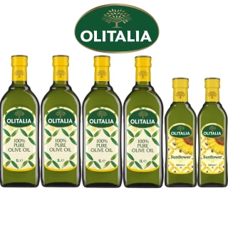 【Olitalia 奧利塔】純橄欖油1000mlx4瓶(+頂級葵花油500mlx2瓶-禮盒組)