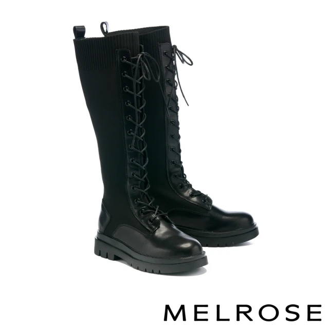 【MELROSE】率性時髦異材質拼接綁帶造型厚底長靴(黑)