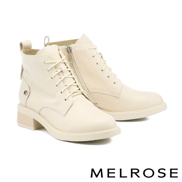 【MELROSE】極簡舒適純色全真皮綁帶高跟短靴(米)